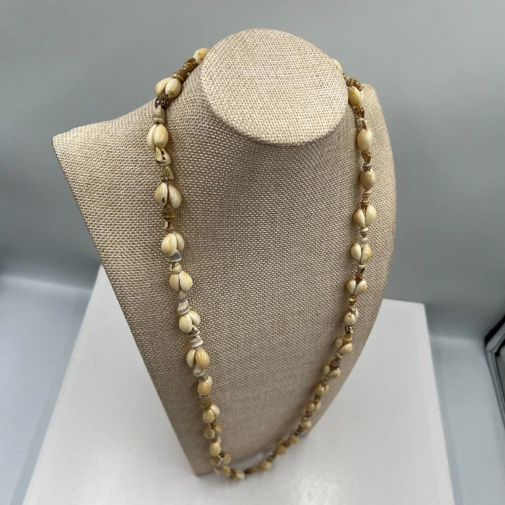 Vintage Off White Cowrie Shell Strand Necklace Long Hawaiian Beach Boho Tropical